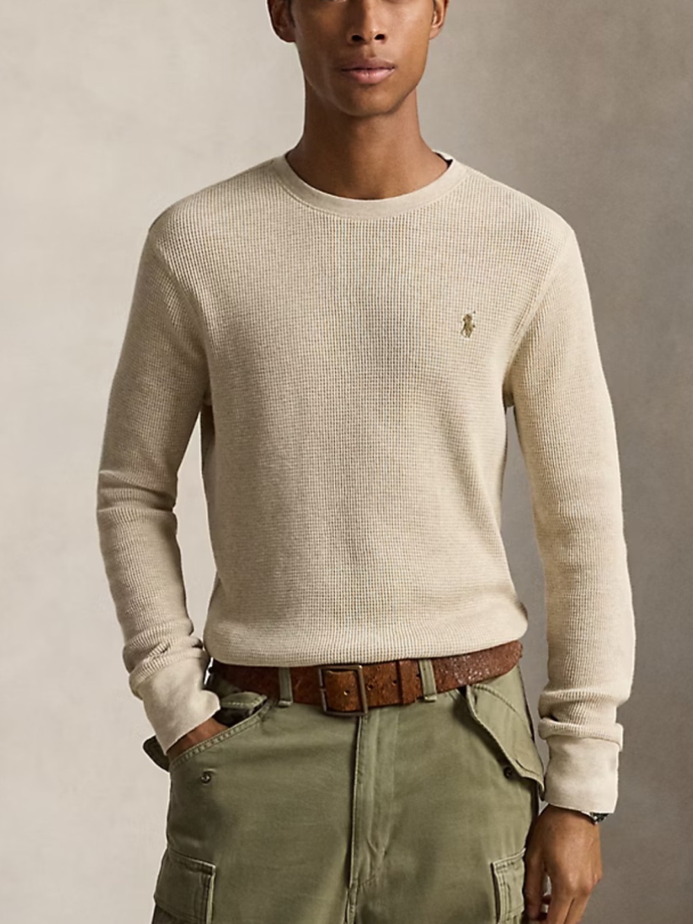 Ralph Lauren Light Cream Waffle Knit Crewneck Long Sleeve
